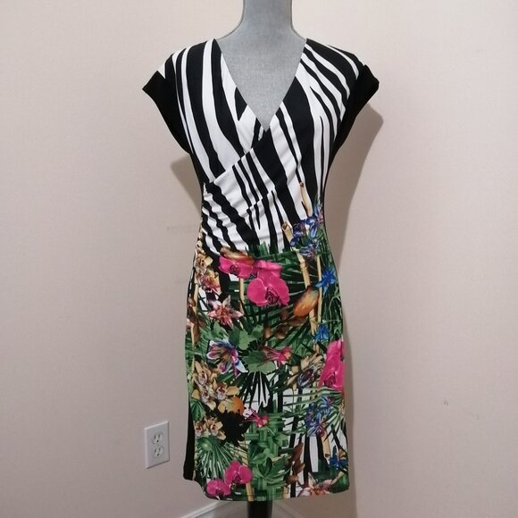 🇨🇦 Joseph Ribkoff Summer 2025 Animal & Tropical Print Faux Wrap Dress - Picture 2 of 9